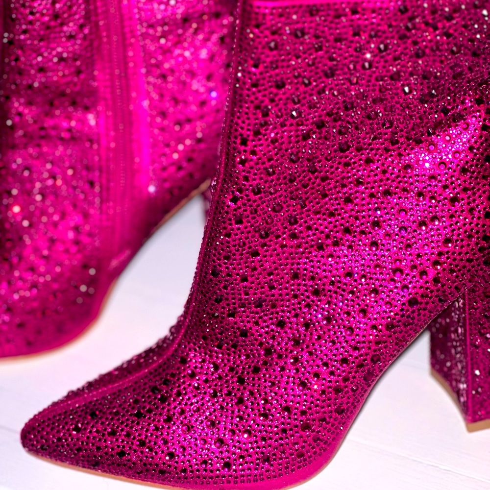 PAZZLE Fuchsia Rhinestone Block Heel Mid Calf Ankle Booties